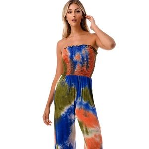 Blue Green Coral Tie Dye Strapless Jumpsuit